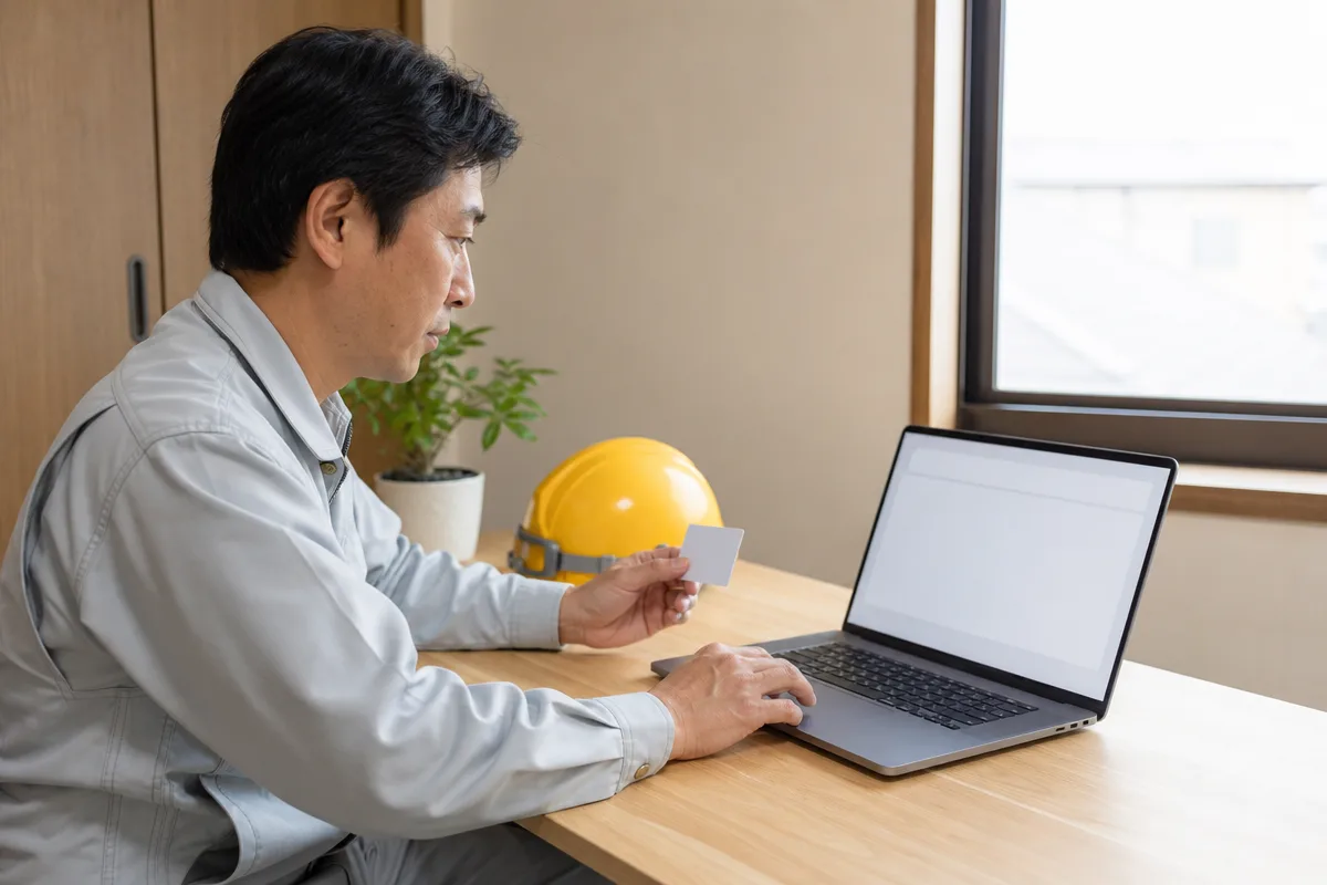 ノートPCで建設キャリアアップシステム 一人親方のオンライン申請を進める日本人作業者
