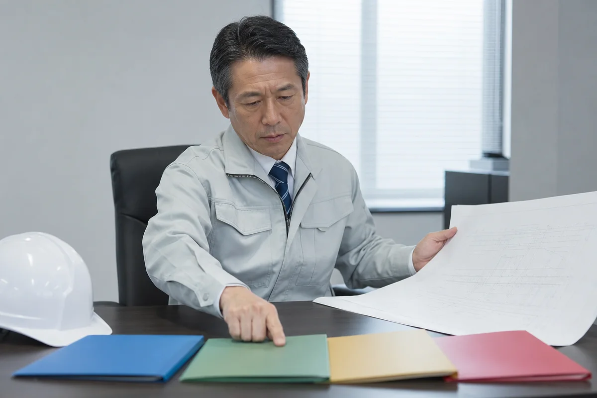 千葉県 建設業許可の区分を図面と書類で検討する日本人建設会社員