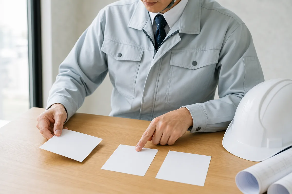 机で白紙の3枚のカードを確認する日本人施工管理者、施工管理技士 受験資格 改正の判断