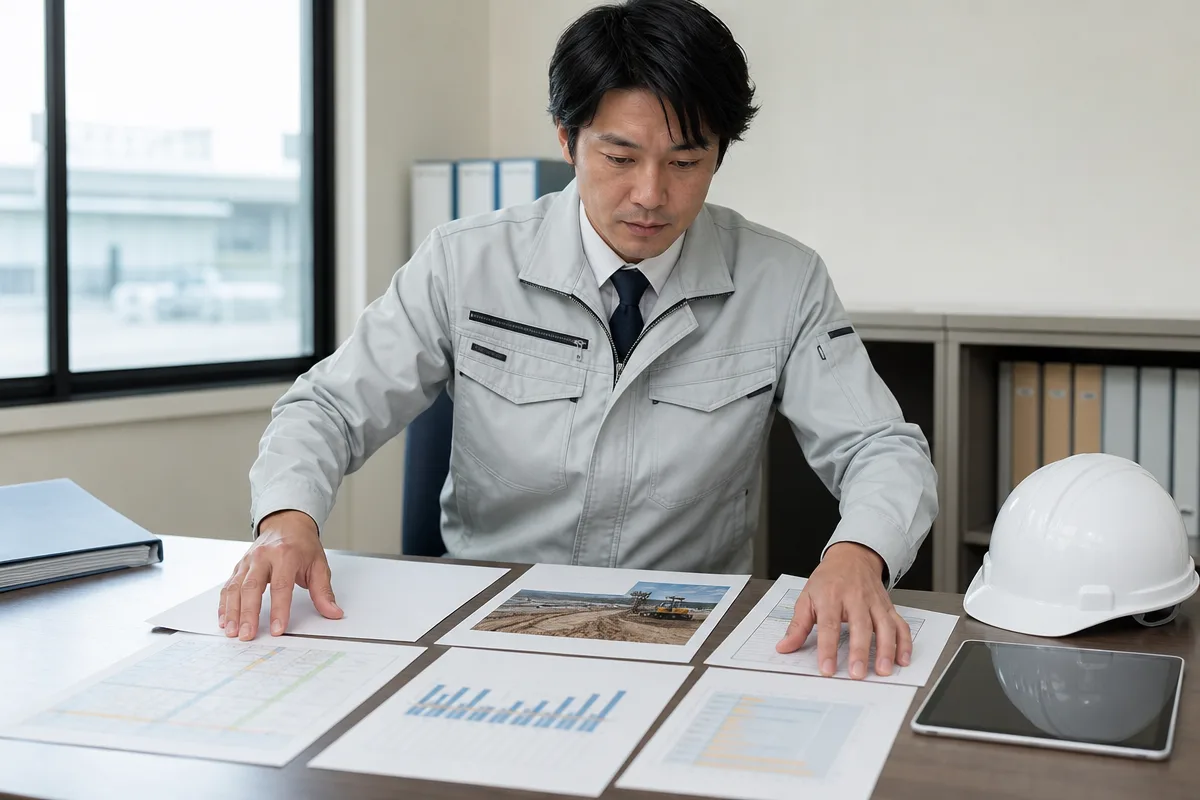 日本人施工管理者が公共工事 創意工夫 事例の資料を整理する机上風景
