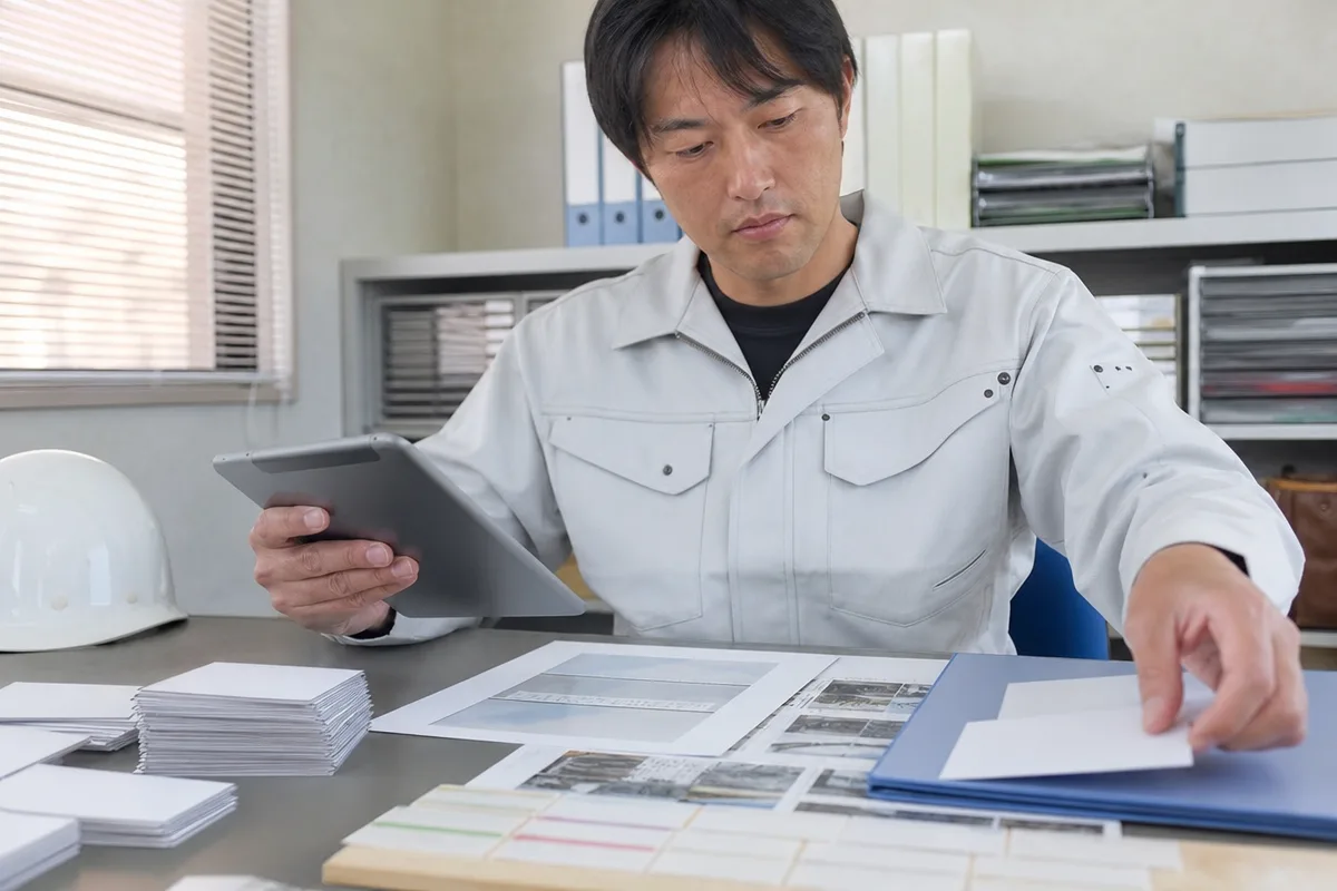 公共工事 創意工夫 地域 貢献の証拠資料を整理する日本人施工管理者