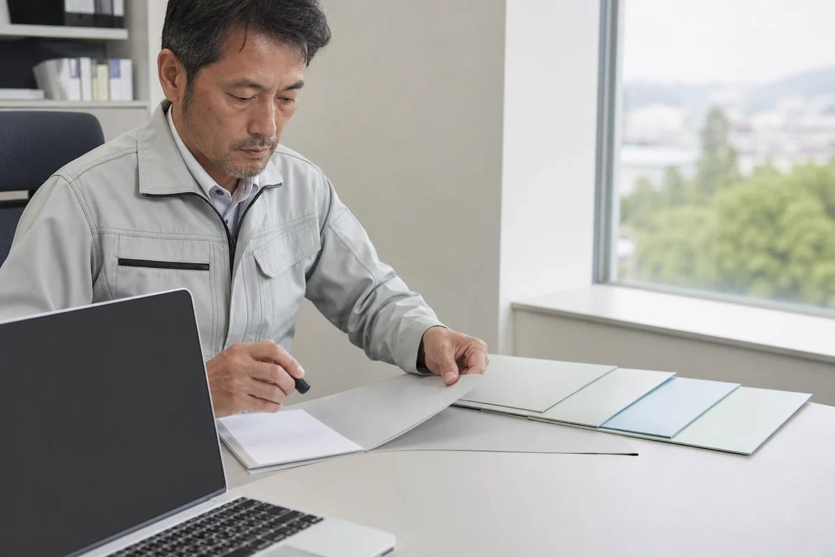 北海道 建設業許可の申請準備をする日本人事業者と書類一式