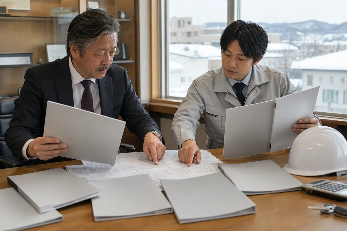 北海道 建設業許可の要件を確認する建設会社の経営者と技術者