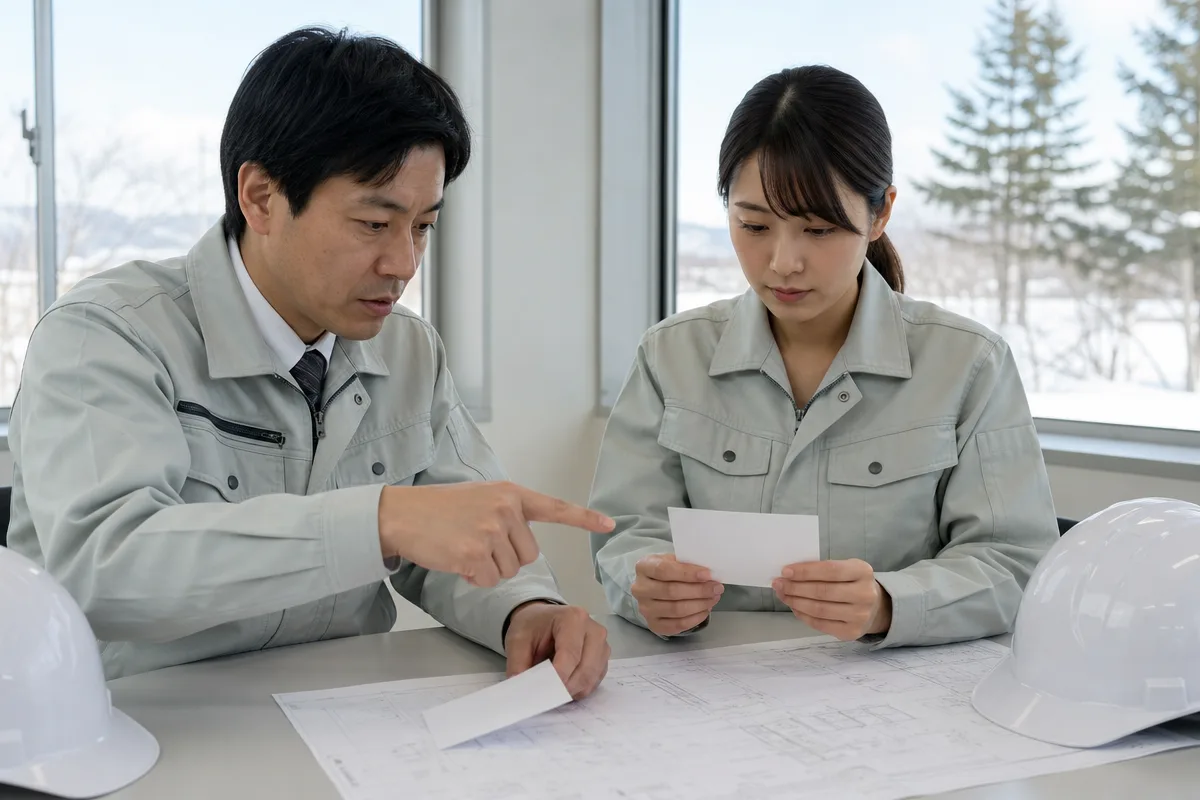 北海道 建設業許可の区分を建設業者二人が書類で確認する場面