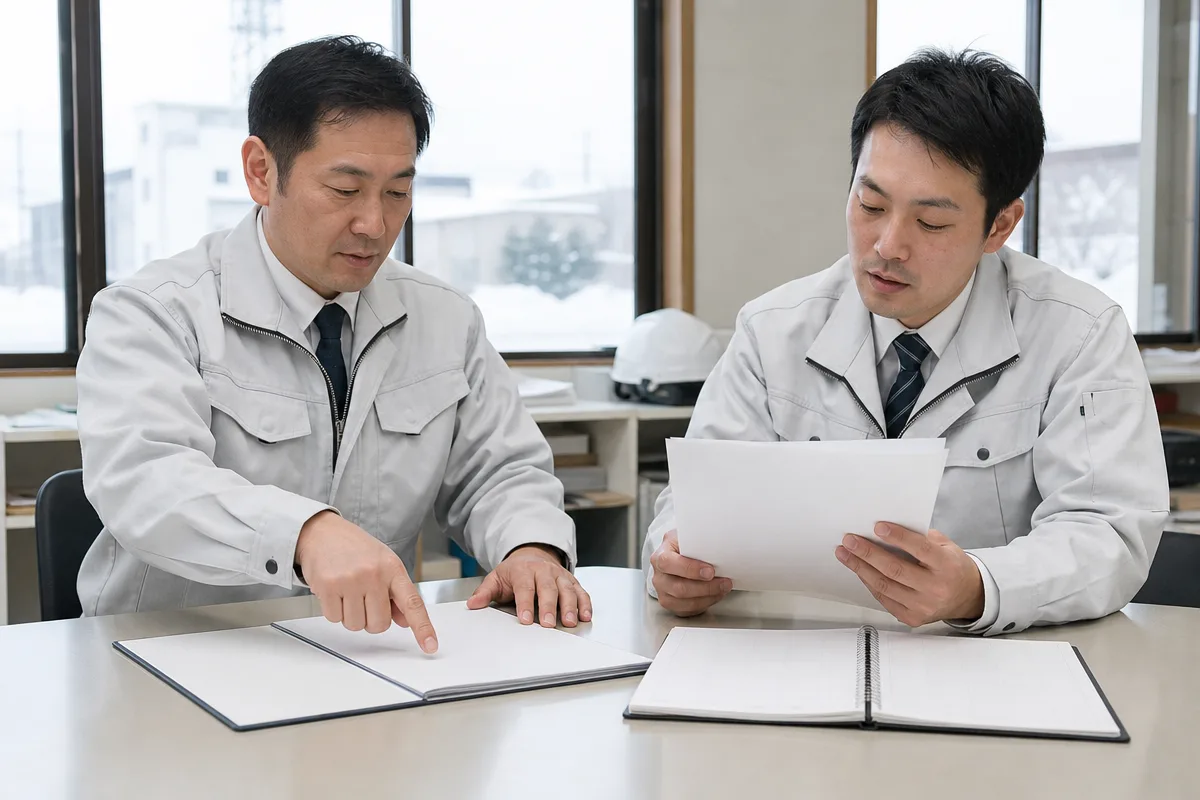 北海道 建設業許可の更新と変更届に向け、書類と予定を確認する担当者