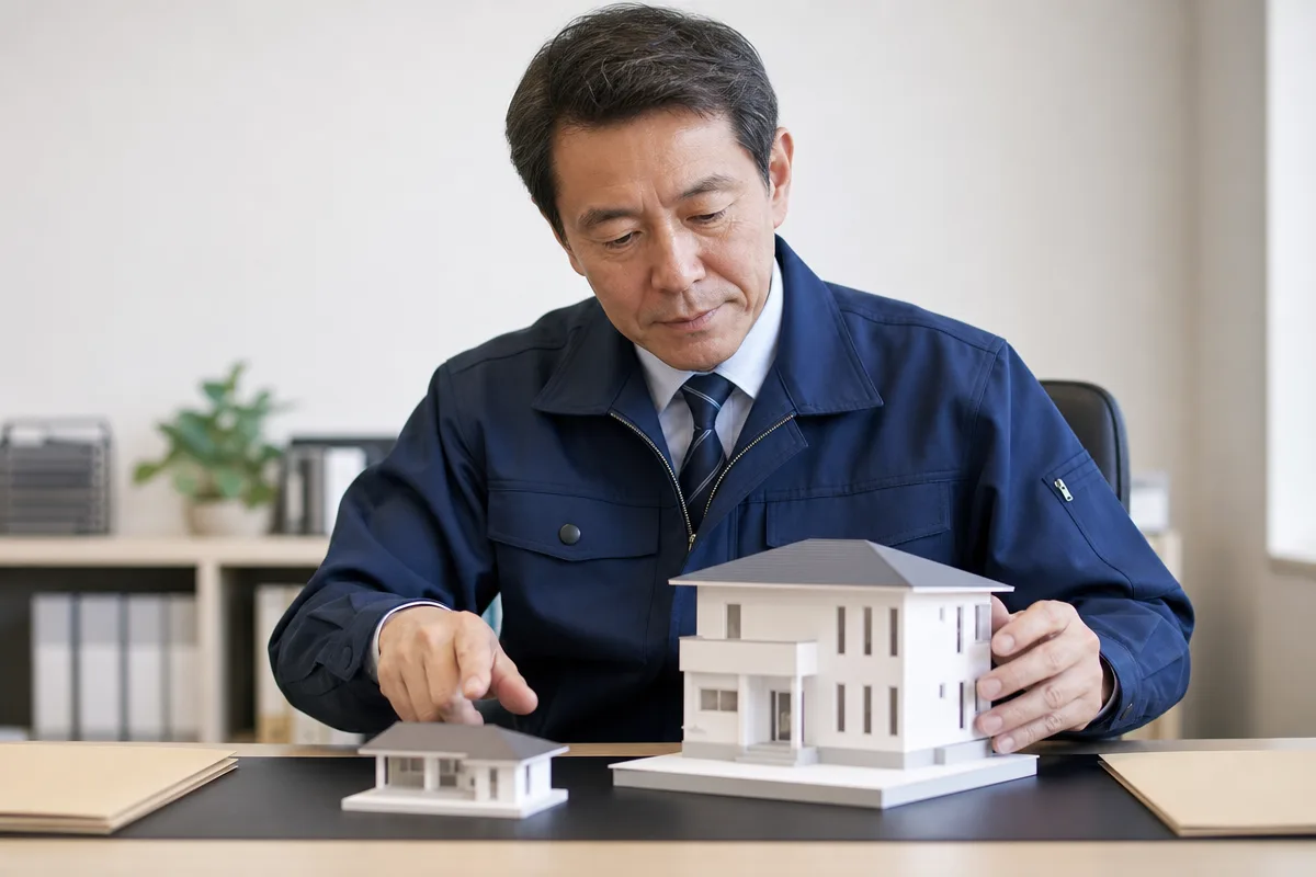 兵庫県 建設業許可を検討する日本人事業者が模型と無地書類を比較する様子