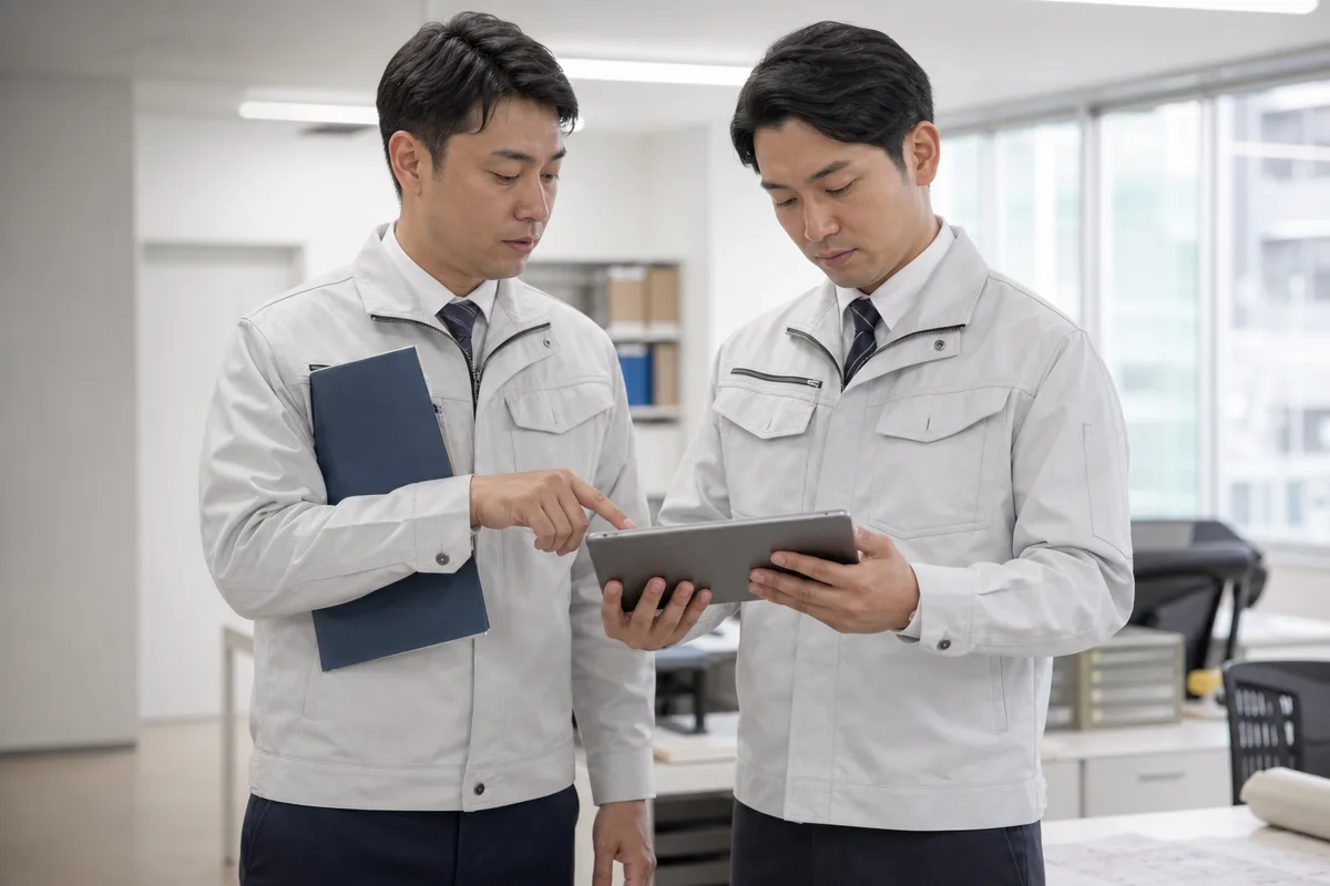 兵庫県 建設業許可の情報を無文字のタブレットで確認する日本人建設業者