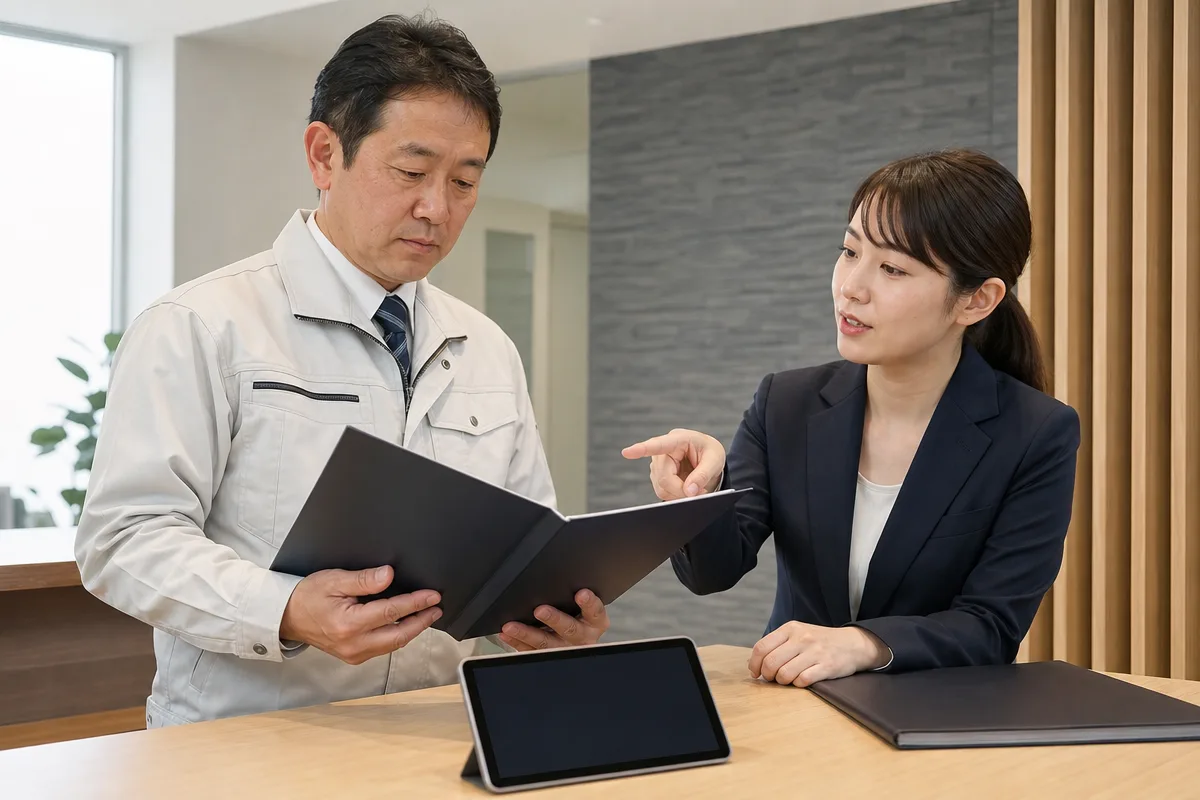 窓口で書類と無表示タブレットを確認する日本人担当者 神奈川県 経営事項 審査の申請準備