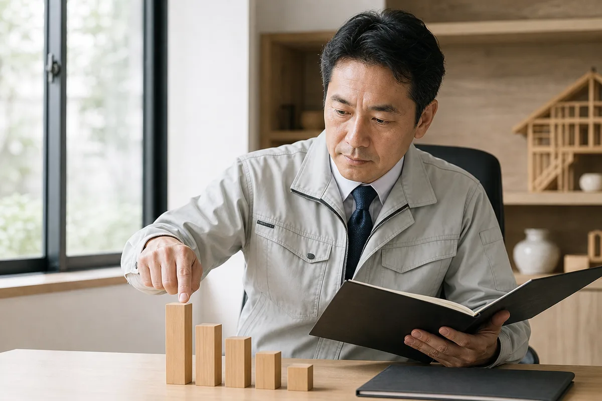 神奈川県 経営事項審査を前に無記名書類と五つの評価ブロックを確認する日本人建設業者