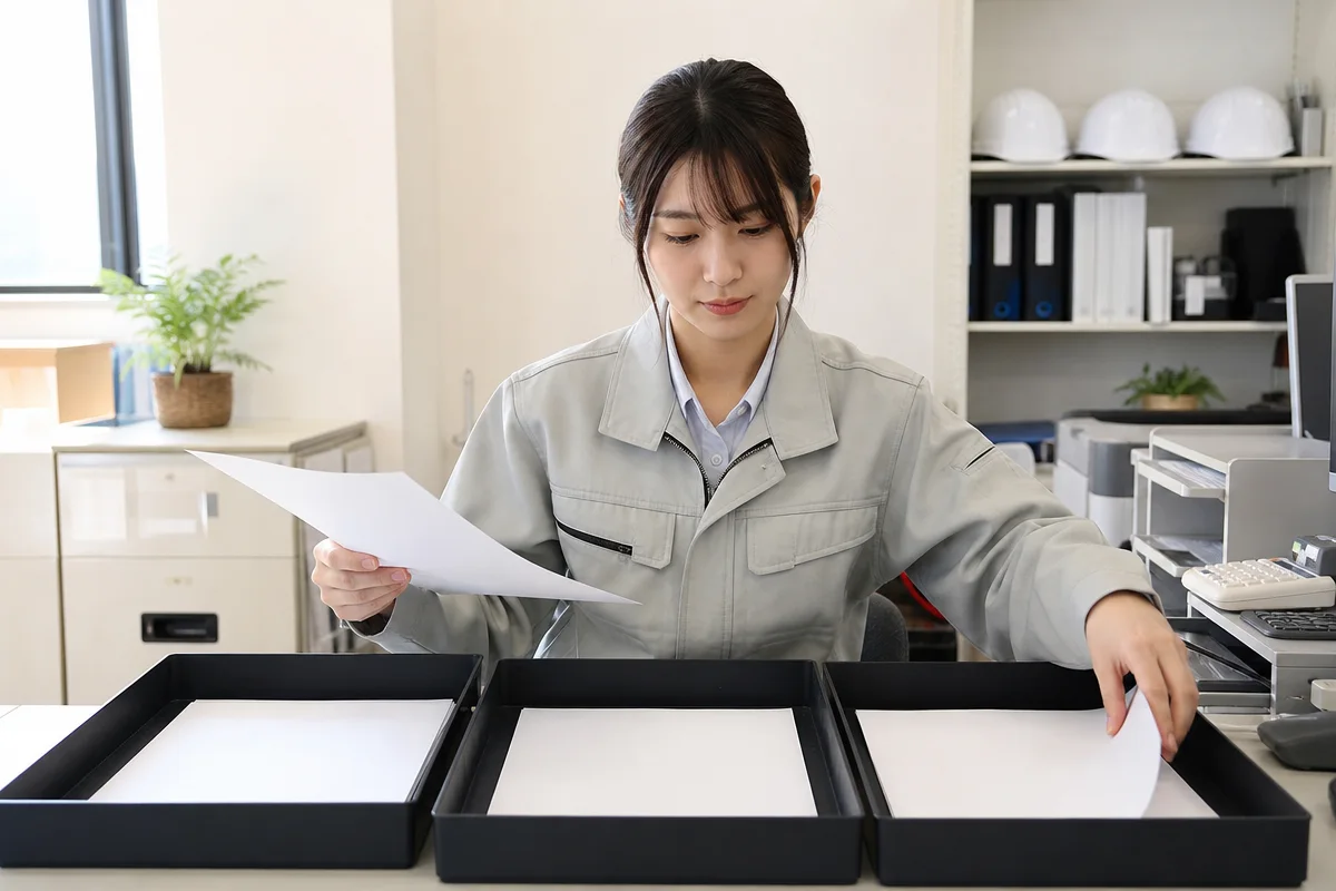 神奈川県 経営事項 審査の必要書類を三つのトレーで分類する日本人女性