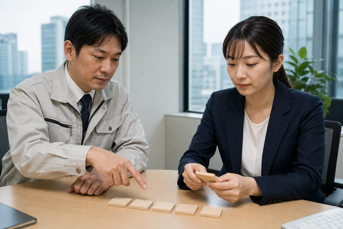 東京都 経営事項 審査の評価項目を示す木製タイルを確認する日本人担当者二人