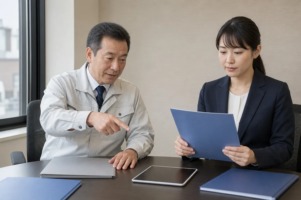 埼玉県 経営事項 審査の書類を専門家と確認する建設会社経営者