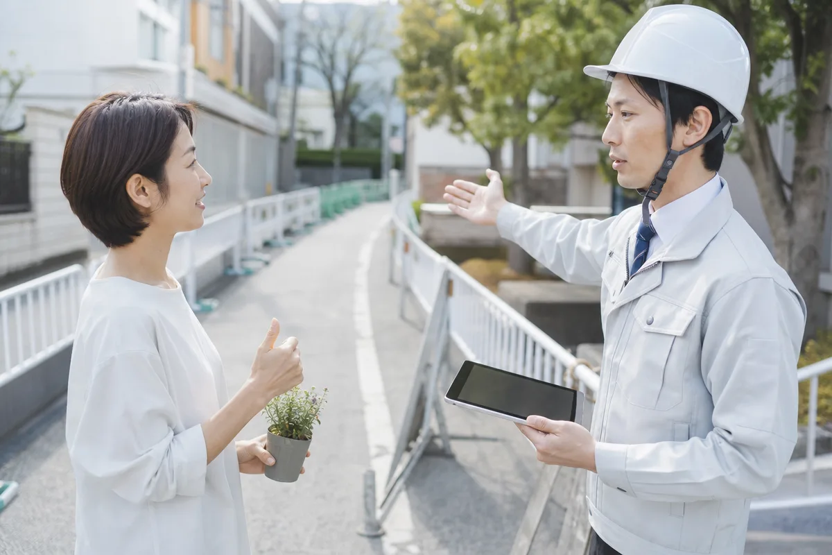 公共工事 創意工夫 地域 貢献を示す歩行者安全対策を確認する日本人技術者と住民