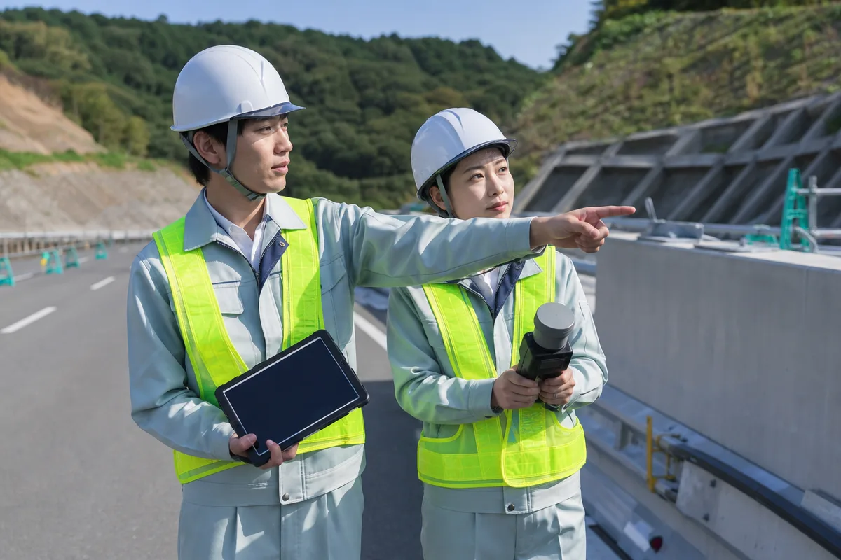 道路工事現場で改善策を確認する技術者 公共工事 創意工夫 事例