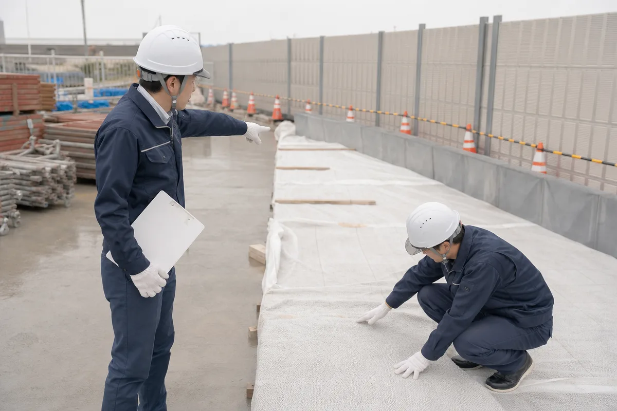 公共工事 創意工夫 事例として安全設備とコンクリート養生を確認する日本人作業員