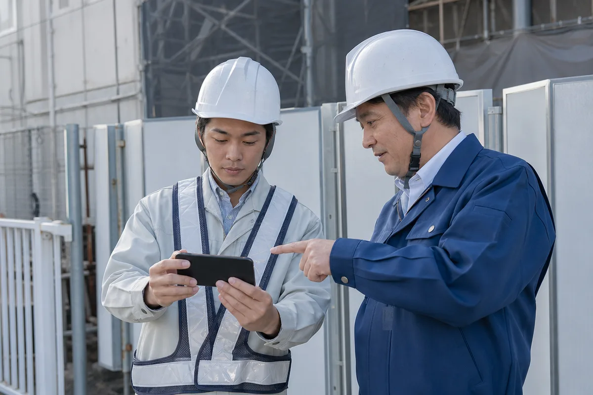 建設キャリアアップシステム 再発行中に現場対応を確認する日本人技能者と監督者