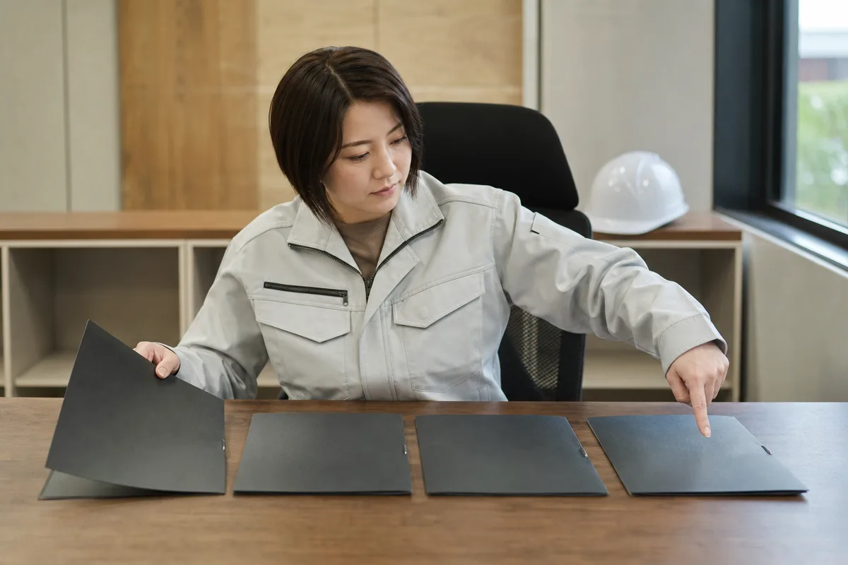 神奈川県 経営事項 審査の申請順序を確認する建設会社の日本人女性