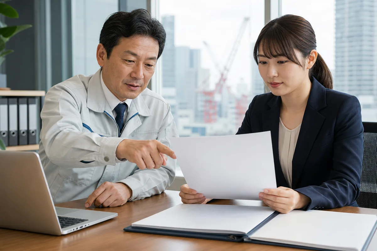 東京都 経営事項 審査の申請書類を確認する日本人の建設会社担当者