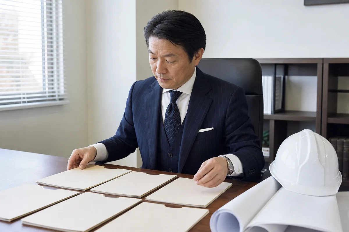 広島県建設業許可の六要件を確認する建設会社経営者と書類