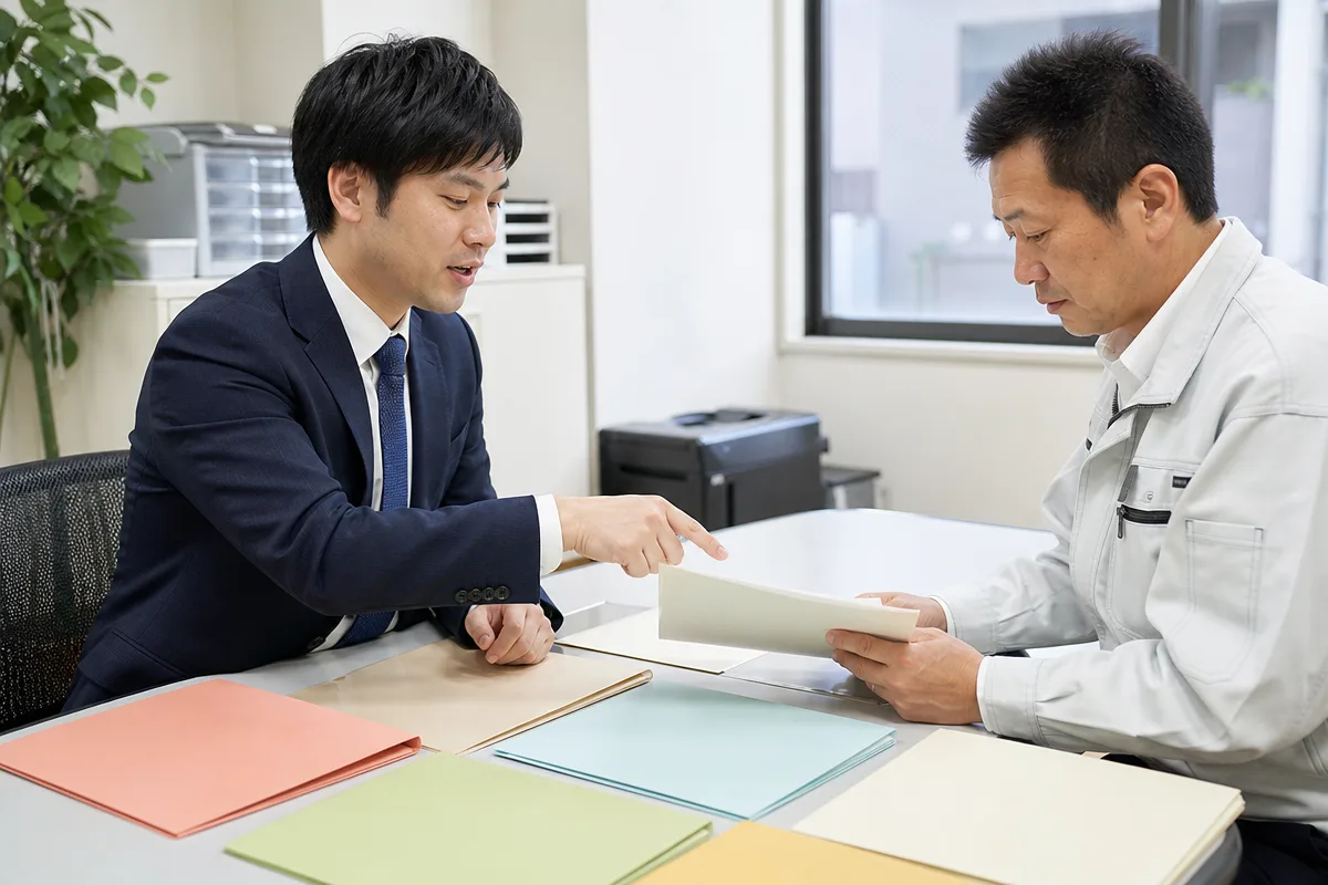 岡山県 建設業 許可の要件確認に向け、事業者と行政書士が証明書類を確認する場面