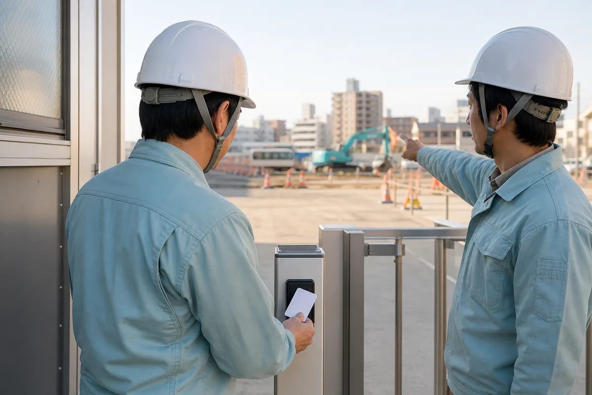 CCUS いつからの運用状況を示す建設現場でカード読み取りを行う日本人作業員