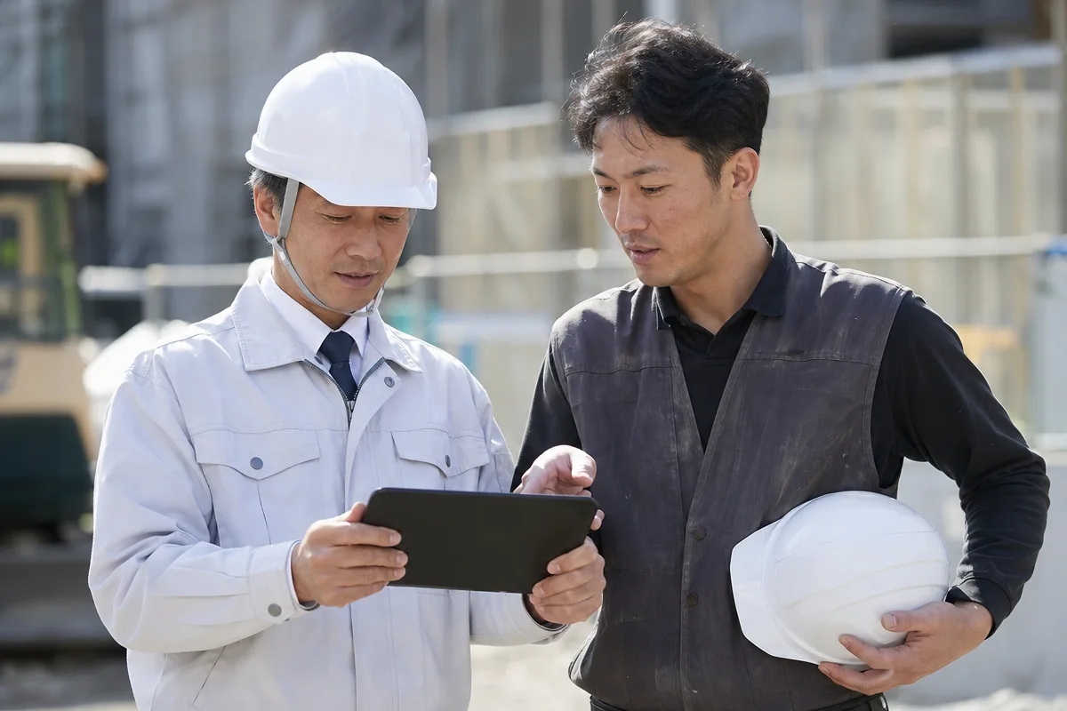 建設現場で端末を確認する日本人事業者と一人親方。CCUS いつから対応するかを考える場面