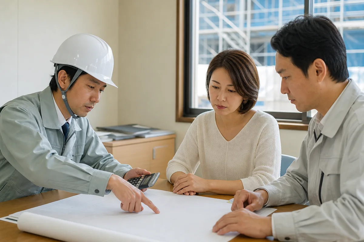 建設業の営業が顧客と現場責任者を交え、見積や工程を調整する場面