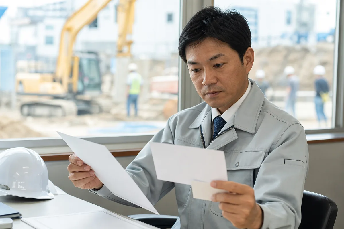 建設業許可のない業者との契約を防ぐため、書類を確認する建設担当者