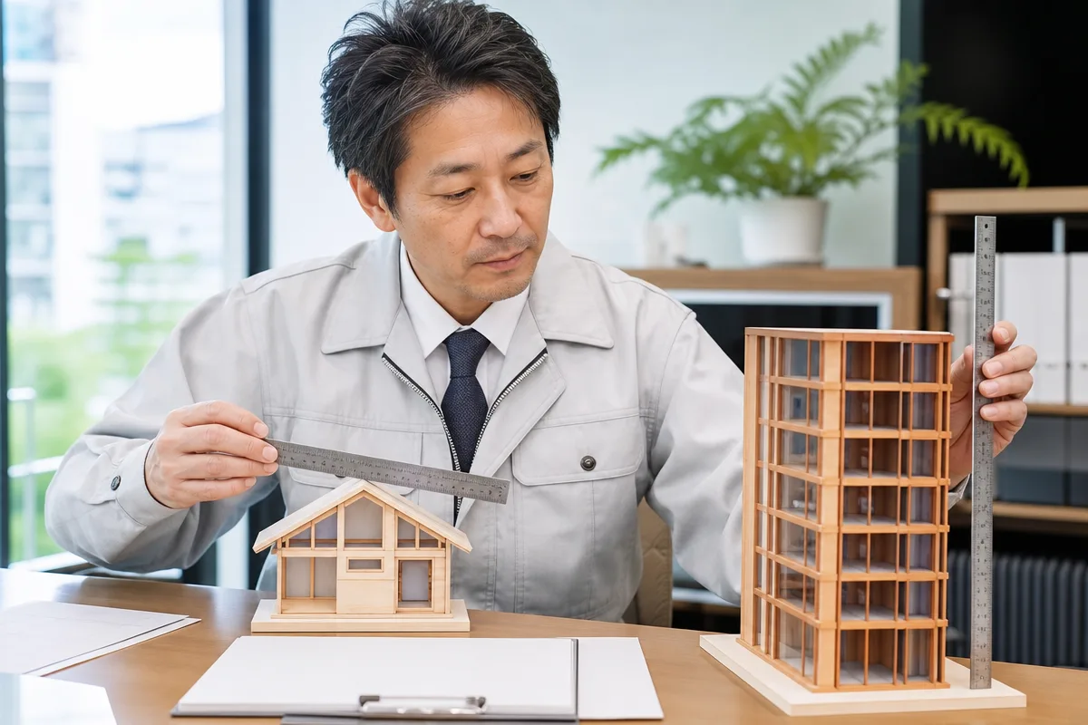 広島県建設業許可の対象となる工事規模を模型で確認する建設事業者