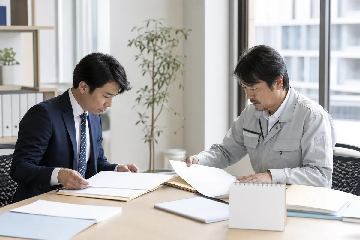 事務所で広島県建設業許可申請の必要書類を確認する行政書士と事業者