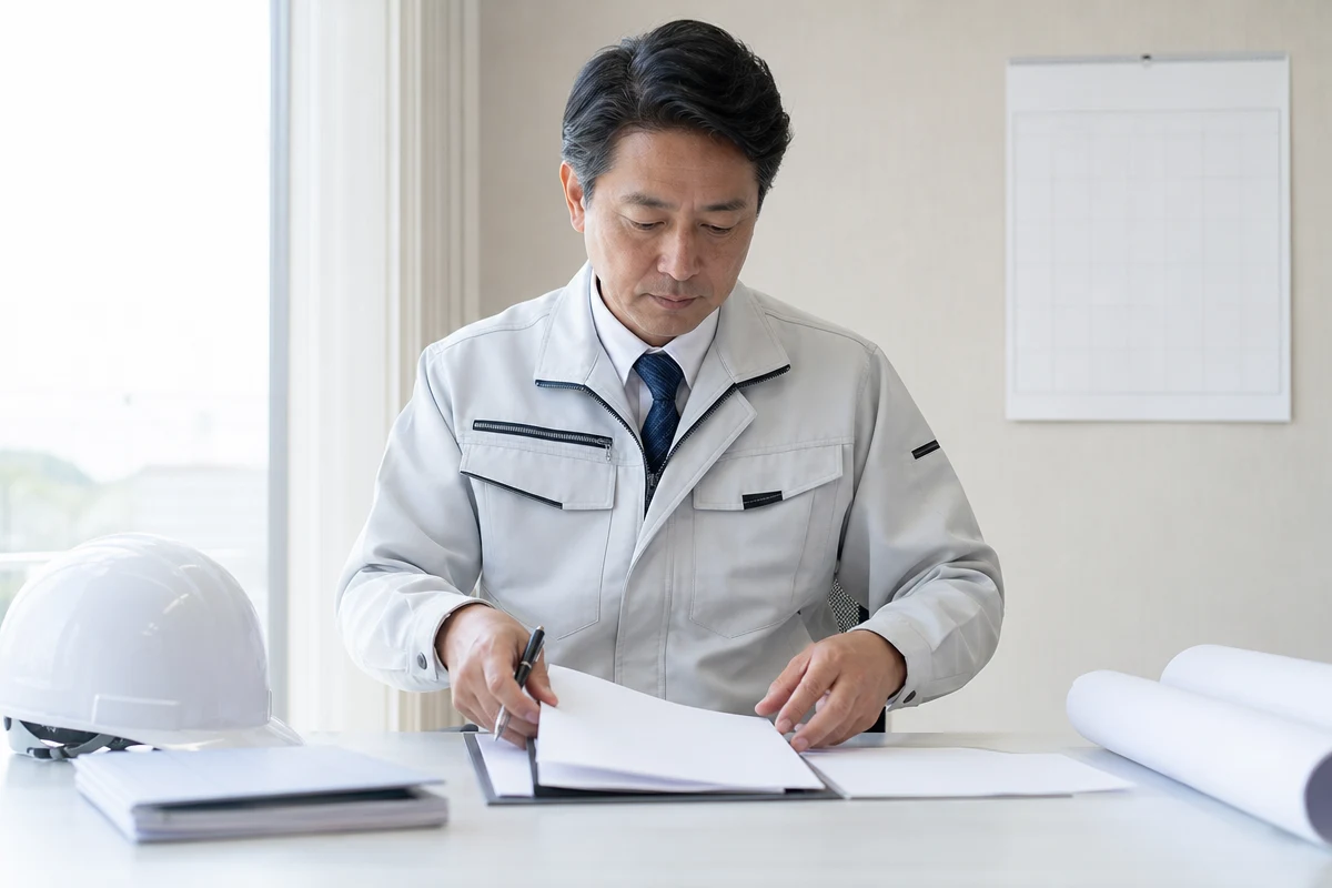 広島県建設業許可更新に向け、書類と期限を確認する建設会社担当者