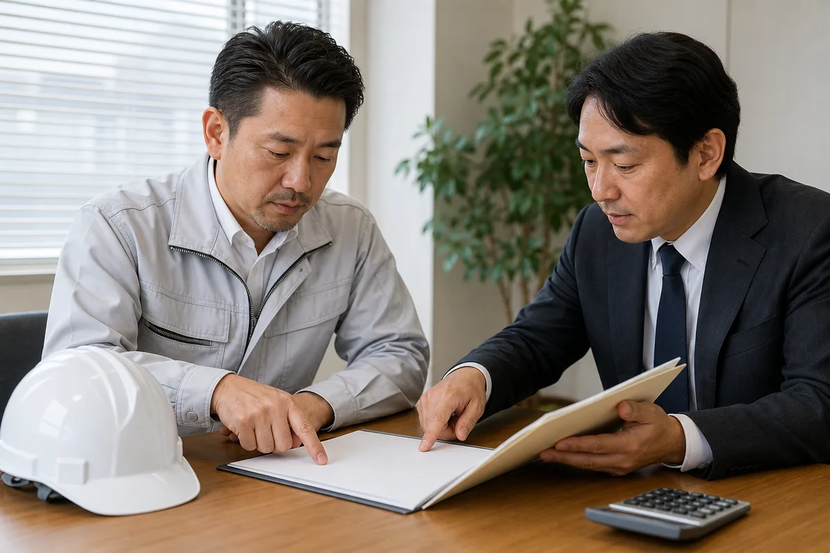 埼玉県建設業許可の更新に向け、事務所で必要書類を確認する事業者と行政書士