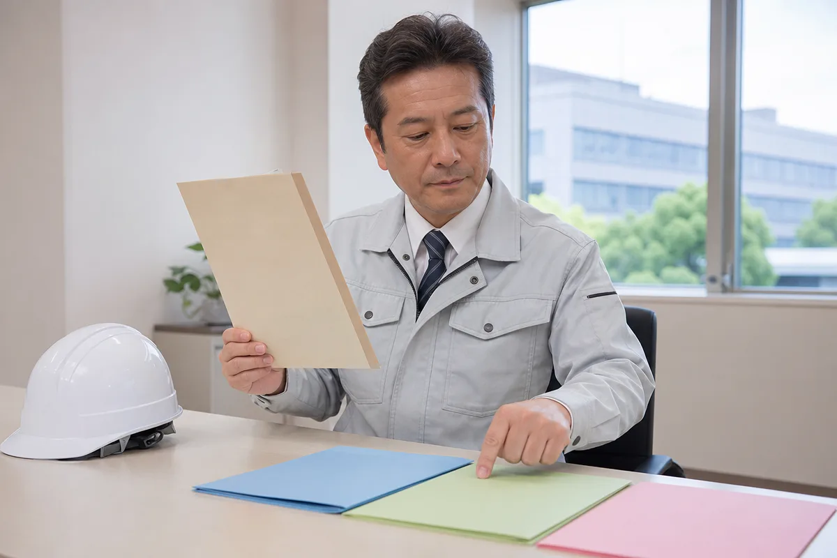 埼玉県建設業許可の区分確認に向け、申請書類を整理する建設業者