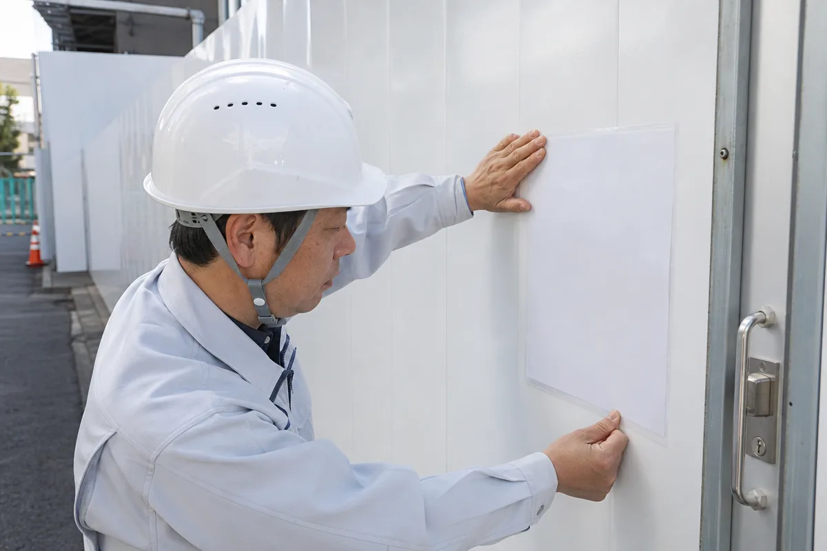 建設現場の掲示用にラミネート加工したCCUS ステッカーを入口板へ貼る作業