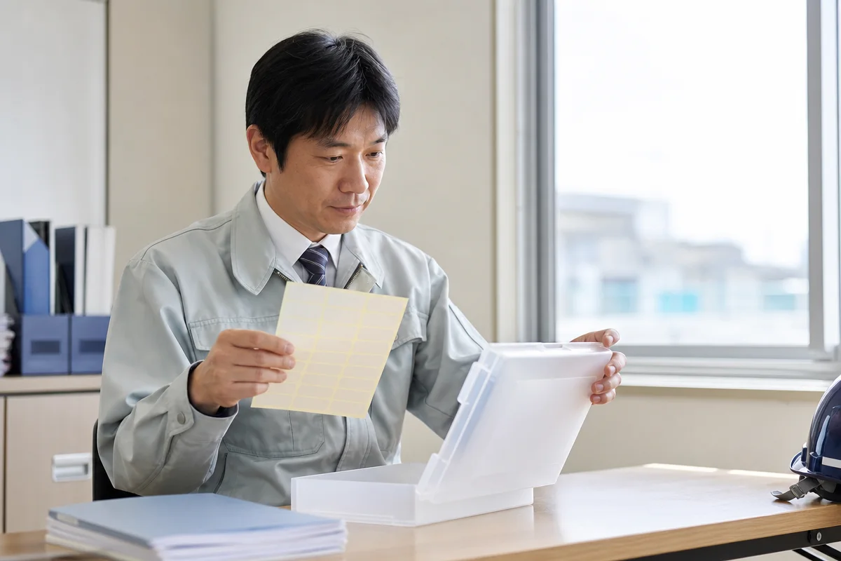 建設事務所でccus ステッカーと無地の保管ケースを確認する担当者