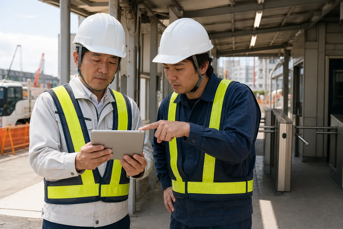 建設現場の管理者と作業員がCCUSタッチの訂正申告を確認する様子