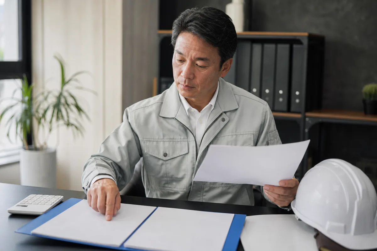建設業許可の受注可否を確認するため契約書類を確認する日本人事業者