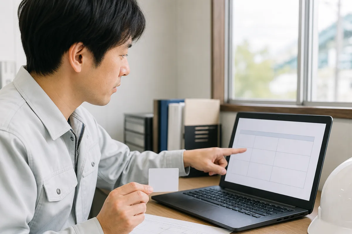 CCUSタッチ後の就業履歴をノートパソコンで確認する日本人技能者